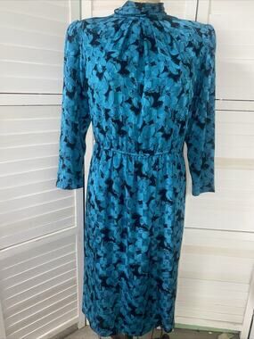 Vintage 80s Pellini by Von Bramlett Polyester Floral Teal Black Dress Sz Medium